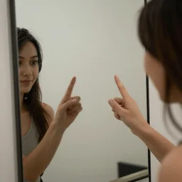 looking at hand reflected in full body mirror
