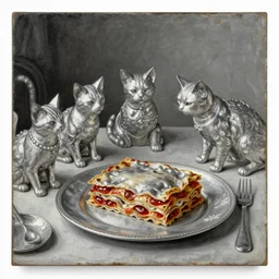 by Remedios Varos, a cat family's dinner with fine silver. Lasagna is the main dish. Oil painting, MET collection.