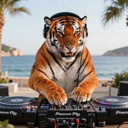 anthropomorphic dj tiger playing a set at ibiza, wearing headphones, turntables