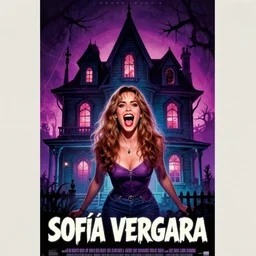 a horror movie poster, 1980, staring Sofía Vergara screaming as the heroine, haunted house themed, digital art, trending, retro, by synthwave cyberwave