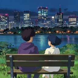 two people sitting on a park bench, man with a purple hood, pretty girl with blue hair, looking at cyberpunk tokyo skyline across the river, at night, in the style of studio ghibli, ilya kuvshinov, danguiz