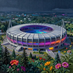 a beautiful hyperdetailed painting of stadium architecture building industrial architecture urbex nature by caspar david friedrich, fisheye flowers nature laser nightvision hyperrealism thermal imaging thermal vision tron neon signs cyberpunk wilderness tundra retrowave rainforest, archdaily, wallpaper, highly detailed, trending on artstation.