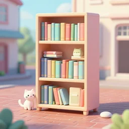 bookshelf with a cat, brick streets, nordic pastel colors, 3 d art, digital illustration, perfect lighting
