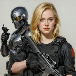 ultra realistic portrait painting of elle fanning in metal gear solid and death stranding wearing swat gear, art by frank frazetta, 4 k, ultra realistic, highly detailed, epic lighting