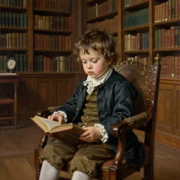 museum painting, wide - shot, 1 2 years old pale boy with short brown messy hair, wearing clothes of 1 8 th century, in the library, in a chair with a book, sharp focus, highly detailed, digital art, oil painting, masterpiece, by artgerm, by greg rutkowski, by mucha, by kinkade