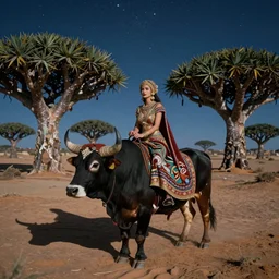 a beautiful ornate woman, riding a bull in moonlit socotra island with dragon trees, starry night, sharp focus, wide shot, trending on artstation, masterpiece, by greg rutkowski, by ross tran, by fenghua zhong, octane, soft render, ultrarealistic, colorful, cinematic, shadow of the tomb rider