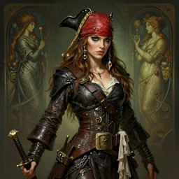 Pirate queen, sci-fi, highly detailed, digital painting, artstation, concept art, smooth, sharp focus, illustration, art by artgerm and greg rutkowski and alphonse mucha