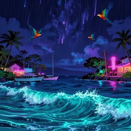 glowing turquoise waves off the coast of Maui. Boats in the harbor. Macaw parrots flying above jungle trees. neon sign buildings with telephone lines, dramatic lighting style of Laurie Greasley and Satoshi Kon, symmetric lights and smoke, psychedelic effects, glowing particles, fractal neon rain.
