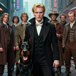 realistic detailed portrait movie shot of an elegant blond male vampire with an angry doberman, futuristic street background by denis villeneuve, amano, yves tanguy, alphonse mucha, max ernst, caravaggio, edward robert hughes, roger dean, rich moody colours, dog teeth, blue eyes