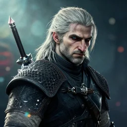 cyberpunk geralt in the witcher 3, splash art, movie still, detailed face, cinematic lighting, ray tracing, octane render, long lens, shallow depth of field, bokeh, anamorphic lens flare, 8 k, hyper detailed, 3 5 mm film grain