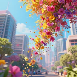 flowers falling over a city, colour splash, ArtStation, CGSociety, Unreal Engine