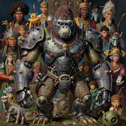ancient javanese alien gorilla armored cyber robot, hayao miyazaki's movies, studio ghibli's mastery of color grading detail, insanely detailed intricate, realistic octane 3 d, hyper realistic, complex scene, art station, uhq, textures, detailed expression on every face, dramatic, maximalist painting by bouguereau and gurney
