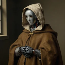 a robot wearing a hooded cloak, by Jan van Eyck