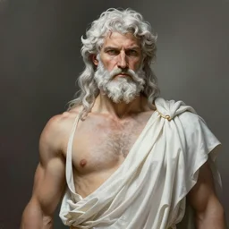 painted portrait of rugged zeus greek god, white hair masculine mature handsome virile upper body toned burly hairy white robe fantasy, intricate, elegant, extremely detailed digital painting trending artstation concept art heroic portrait sharp focus, illustration, art by greg rutkowski magali villeneuve craig mullins