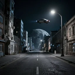 an emty street of a futuristic city on the Moon called Noviy Norilsk, with a flying car at night with only by one street light, photo by Gregory Crewdson,