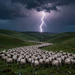 a huge flock of sheep, rolling green hills, nighttime, darkness, rain clouds, powerful lightning strikes, ominous, ornate, rich color, intricate, highly detailed, national geographic photograph, wide angle, art, smooth, sharp focus, 8 k octane render