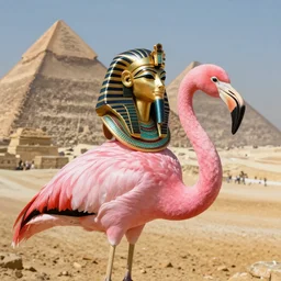 a pink flamingo, wearing an egyptian crown, atef, highly intricate, egyptian clothing, pyramids background, award winning art, trending on artstation