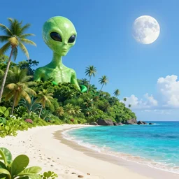 alien green world, lush green vegetation, white sand beach, crystal blue waters, sun, and big moon in the sky,