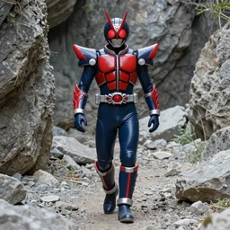 High Fantasy Kamen Rider walking in a rock quarry, single character full body, 4k, glowing eyes, daytime, rubber suit, dark blue with red secondary color dragon inspired segmented armor made out of pvc, tokusatsu, ultra realistic, vibrant colors, Fabian Wagner Cinematography