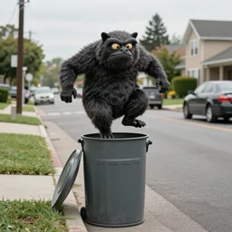 Oscar the grouch jumping out of his trash can on a busy suburban street photorealism 4k extremely high level of detail