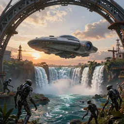 alien spacecraft hovering over beautiful pool waterfalls surrounded by alien robots, steel archways, industrial buildings, rusty metal towers, sun setting, ross tran, fantasy, james jean, cinematic lighting, digital painting, octane render