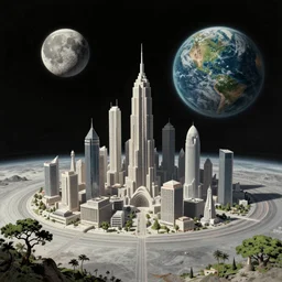 futuristic city that orbits a desolate moon and lush planet, concept art, pulp novel cover