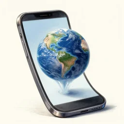 concept art, drawing of a phone where a planet seems to pop out in 3 d illusion of the phone screen