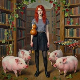 tall emo female artist holding a gourd standing in a library, berries, vines, pigs, xylophone, acrylic on canvas, surrealist, by magritte and monet