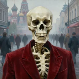 realistic detailed closeup portrait painting of a single skeleton wearing crimson velvet blazer in a foggy crowded futuristic moscow street by denis villenueve, amano, yves tanguy, alphonse mucha, ernst haeckel, jean delville, ilya repin, edward robert hughes, andrei tarkovsky, roger dean, rich moody cold colours, closeup