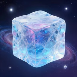 a tridimensional colourful giant ice cube floating in the universe, galaxies and stars at the background, polaroid photo style, retro effect, high details, one ice cube in the foreground
