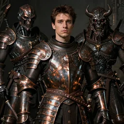 hyper detailed portrait of young marlon brando as warrior of futuristic cyborg mystic world, by jan van eyck, in intricate dark copper armoury, monsters in arms