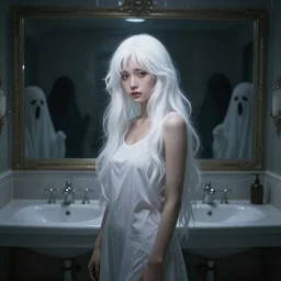 girl with white hair standing in a big bathroom that has dark ghosts in it