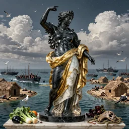 portrait, ocean, naval battles, war, knight, huts, seagulls, rivers, famine, death, wide angle, puffy clouds, skies behind, stars in sky, italian masterpiece, Ashford Black Marble, sculpture, baroque, draped with water and spines, marble and gold, drapes, white details, still life vegetables, Obsidian, portrait, worms, render, artstation, ultra detailed