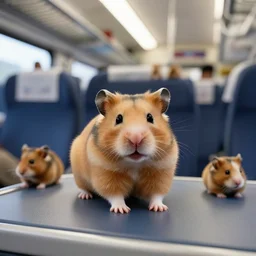 photo of a train interior, a brown hamster is sitting on a seat, various poses, unedited, soft light, sharp focus, 8 k