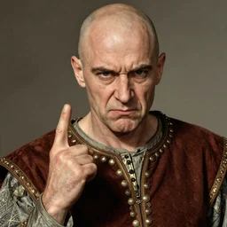 portrait of glamorous bald medieval man with annoyed gesture, 1940s propaganda poster, full hd,highly detailed