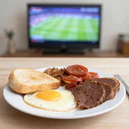 a full english breakfast as the F.A. cup is on a tv in the background