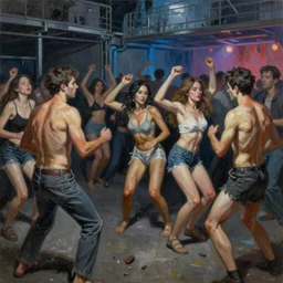 painting of patients partying outside the dance club during a war, by Jeremy Mann and Jason Jenicke, highly detailed, stylized, loose brush strokes, intricate, realistic, exaggerated lighting, dramatic lighting,  sense of scale, sense of movement,  sensual
