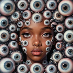 eyes!! a black girl!! with many eyes!, surreal art by colin christian and junji ito and mc escher and ian miller, faberge eyeballs, trypophobia! eyes, eyes everywhere, symmetry!, eyes!, ( cognitive illusion )!!, oleg suplyak, highly detailed, infinite intricacy