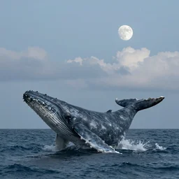 realistic ocean in the sky, whale, clouds, moon, water