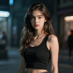 young woman standing towards camera, medium shot, hyper detailed, cyberpunk, cinematic