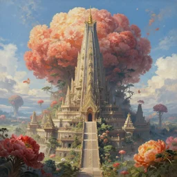 a beautiful and highly detailed painting of a towering temple built on a world of massive scale bloom flora by sam spratt | wide angle | unreal engine :. 3