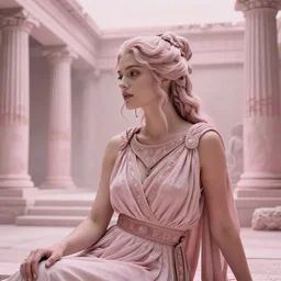 cinestill 5 0 d portrait of a beautiful dreamy woman by annie liebovitz, sitting in a hyper detailed misty ancient greek temple, dream pale pink tonal matt, hair intricate style, wearing are intricate ancient greek dress, elegant, highly detailed, soft foggy blur, artstation, sharp focus, head in focus,