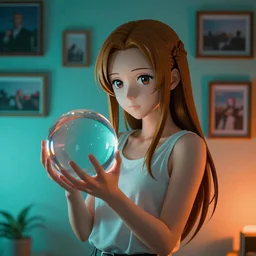 Beautiful portrait of anime girl Asuna holding transparent sphere ball, teal and orange colored wall with photo frames in bokeh background, night ambience, smooth volumetric lighting, geometric, low light room, photorealistic details, neon glowy edges, 4K, 8K, digital arts