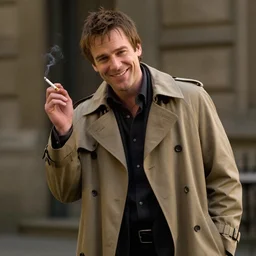 film still of paul blackthorne as harry dresden posing as a charismatic smiling thief, with a light brown trench coat and a cigarette, in dresden files movie 4 k