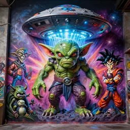 an 8 k photo real glossy hi res volumetric lighting 8 0 mm graffiti mural depicting a gremlin ufo orc zardoz lovecraft stranger manga goku things lord of the rings where the wild things are game of thrones jwst nasa beast monster frightening clay sculpture fright night horror terror super hero toy marvel dynamic god rays portal milky way galaxy