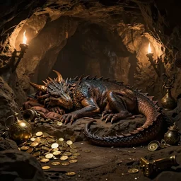 a very old dragon sleeping near her loot, in a cave, dark - lit with torches along the walls, with many gold coins, many treasures, piled around, very high detail, 8 k, artstation