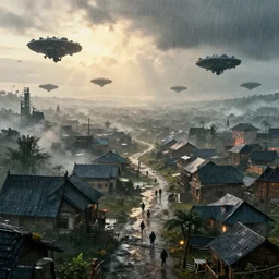 a lots of alien ships attacking in a village, cinematic view, war zone, heavy rain, morning time