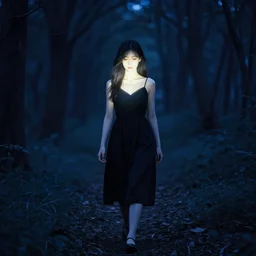 glowing girl in black dress walking in a dark blue forest, ultra realistic, 8 k gloomy