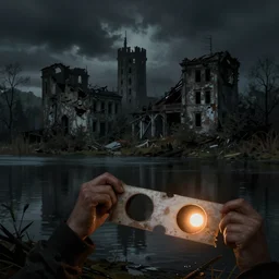 bleeding eclipse over a lake, dark atmosphere, moody, unnerving, destroyed buildings, fantasy inspired, concept art, artsation