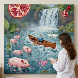 pathology student in her apartment, a river flooding inside, medical supplies, pigs, pink flower petals, plants in glass vase, pork, water, river, rapids, canoe, pomegranate, berries dripping, waterfall, swans, acrylic on canvas, surrealist, by magritte and monet